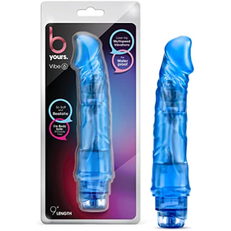 B Yours Vibe #6 - Soft Multispeed Vibrating Dildo - 9.25 Inch Long - 1.75" Wide - Flexishaft Flexible Body Conforms To Your Body - Waterproof Vibrator - Sex Toy For Women - Clear Blue
