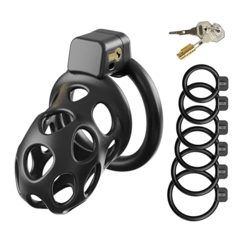 Chastity Cage Male Sm Fetish Penis Cage Set With 6 Different Sized Cock Rings And 2 Keys Porous And Breathable Chastity Device Sex Toys For Adult Men (M)