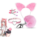 4-Piece Anal Plug Set With Bunny Tail Stainless Steel Butt Plug, Faux Fox Cat Ear Headband Hair Hoop, Heart Leather Bondage Choker And Body Ring Nipple Clamps With Bells For Adults Women Couples