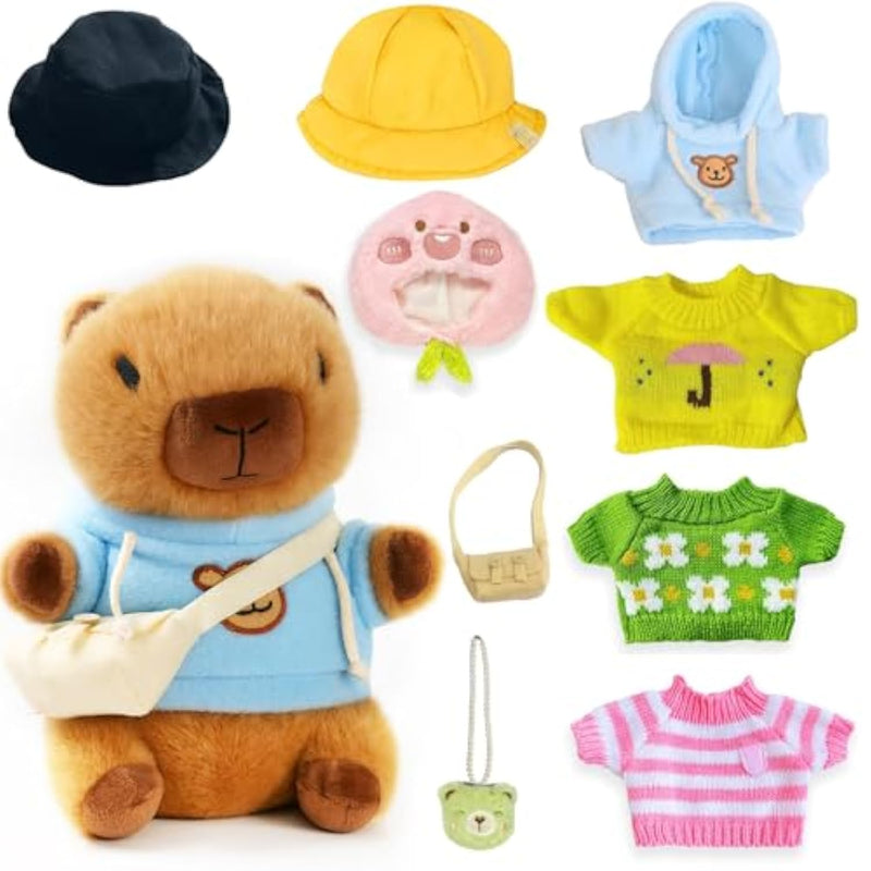 10.2" Brown Capybara Plush Toy With 9 Clothes And Accessories Super Soft Capybara Stuffed Animal For Kids Girls Boys (Yellow Capybara)