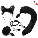 Fox Tail Anal Butt Plug Set With Cat Ear Hairpin, Pearl Chains Nipple Clamps | Cosplay Role Play Sex Toys For Adults, Couples Fantasy Play | Silicone Tail Plug, Sensual Bdsm Toy (Black)