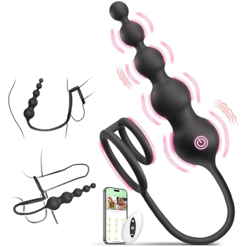 Anal Beads Couples Male Adult Sex Toys - Vibrating Anal Butt Plug With Cock Ring, Strap On Anal Dildo, Remote Control App Prostate Massager Penis Ring Vibrator With 9 Vibrations, Sex Toy For Men