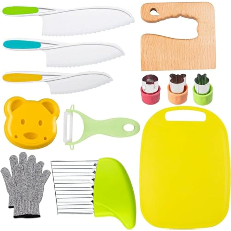 13 Pcs Wooden Kids Kitchen Knife, Kids Knife Set With Gloves Cutting Board Bear Sandwich Cutter Fruit Vegetable Cutters Serrated Edges Plastic Knifes For Real Cooking Kid Safe Knives
