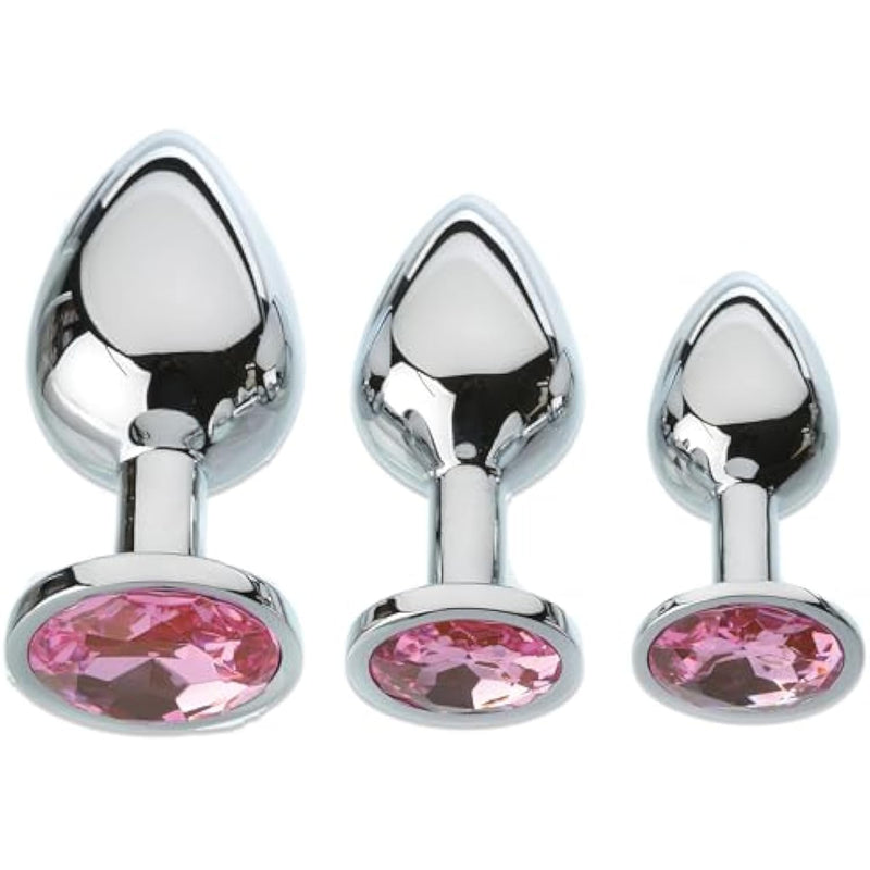 Pink Gem Anal Plug Set – 3 Butt Plug Sizes, Body-Safe Aluminum, Temperature Play, Sparkling Pink Jewel Base, Includes Velvet Storage Bag - Anal Training Kit For Backdoor Play