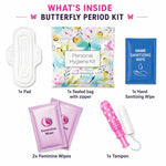 Menstrual Kit All-in-One | Convenience on The Go | Single Period Kit Pack for Travelling, Tweens & Teenagers | Individually Wrapped Feminine Hygiene Products (Butterflies) (60 Pack)
