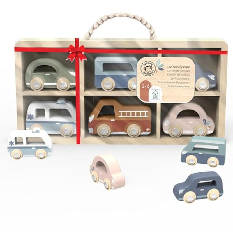 Wooden Toy Cars Set – 6 Colorful Little Vehicles In Wooden Case For Kids – Fsc Certified Pretend Play Car Set For Boys & Girls, Toddlers Wheels Toys Includes Fire Brigade, Ambulance