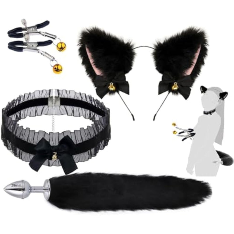 Anal Plug With Bunny Tail Plush Cat Ears Collar Nipple Clamps Sm Butt Plug Anal Toys Cosplay Sex Toy Kit For Women Men Set Of 4 Pcs