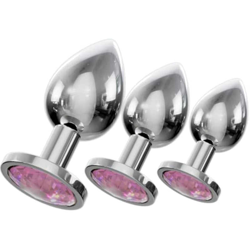 Jewelled Butt Plugs By Stainless Smooth Metal Anal Plug Adult Sex Toys Velvet Bags 3 Size Pack (Round Light Pink)