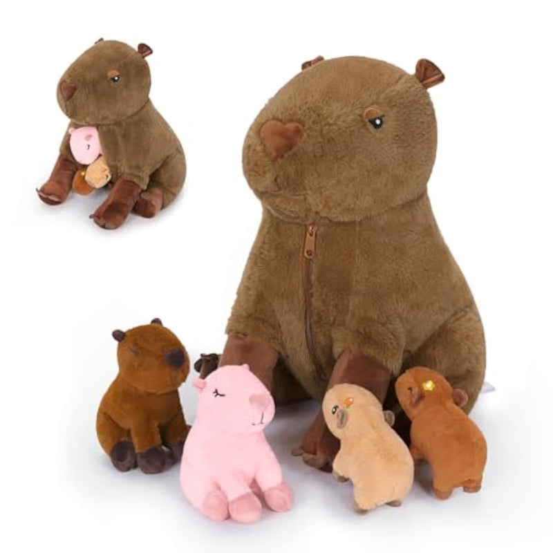 5Pcs Capybara Stuffed Animal Mommy 15.7 Inch With 4 Mini Babies 5.5 Inch Family Set Cute Plushies Toys Gifts For Kids