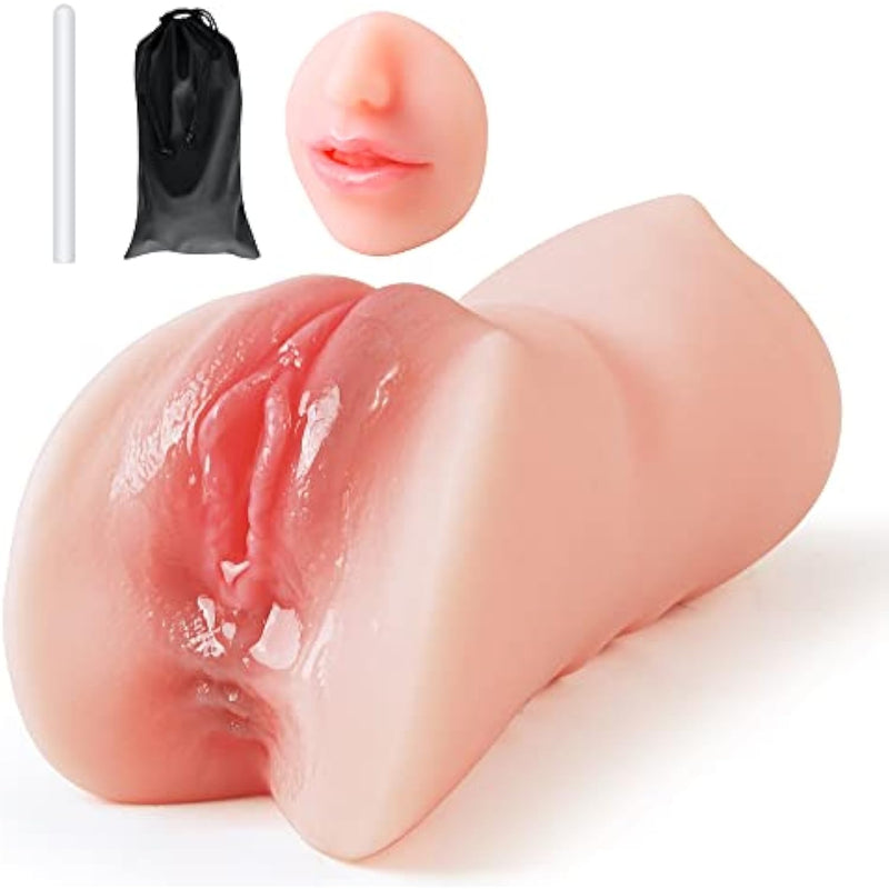 3 In 1 Pocket Pussy Male Masturbator & Drying Stick&Waterproof Storage Bag, Double-Ended Male Sex Toy Mouth Tongue Textured Vagina & Tight Anus For Men Masturbation (Flesh)