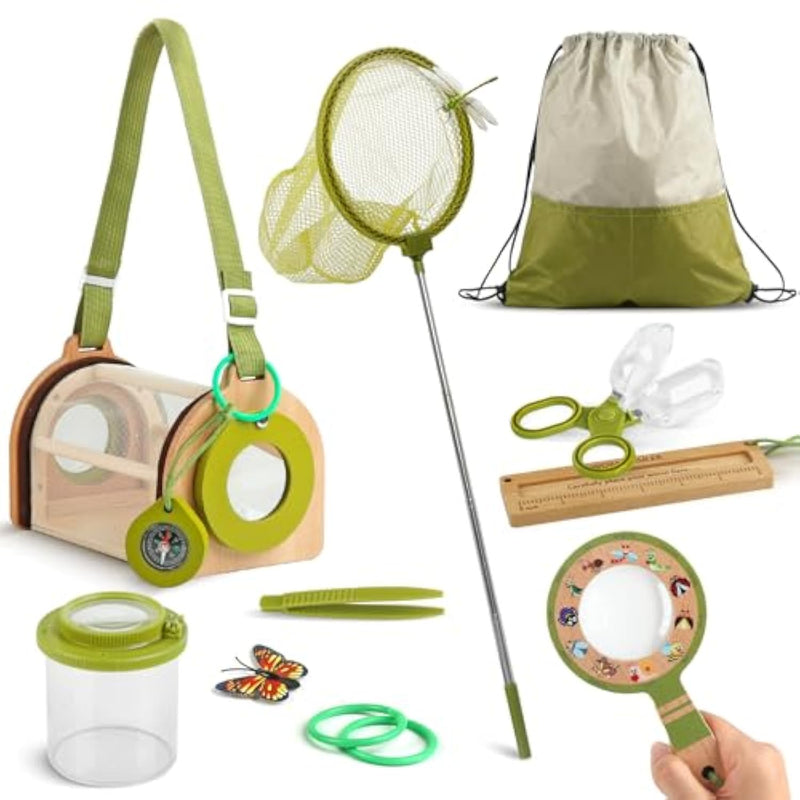 Wooden Bug Catcher Kit For Kids -11Pcs Bug Catching Kit Outdoor Explorer Kit With Carry Bag, Butterfly Net And Other Adventure Sets For Garden Backyard Camping, Gift For Toddlers Girls Boys 3-12