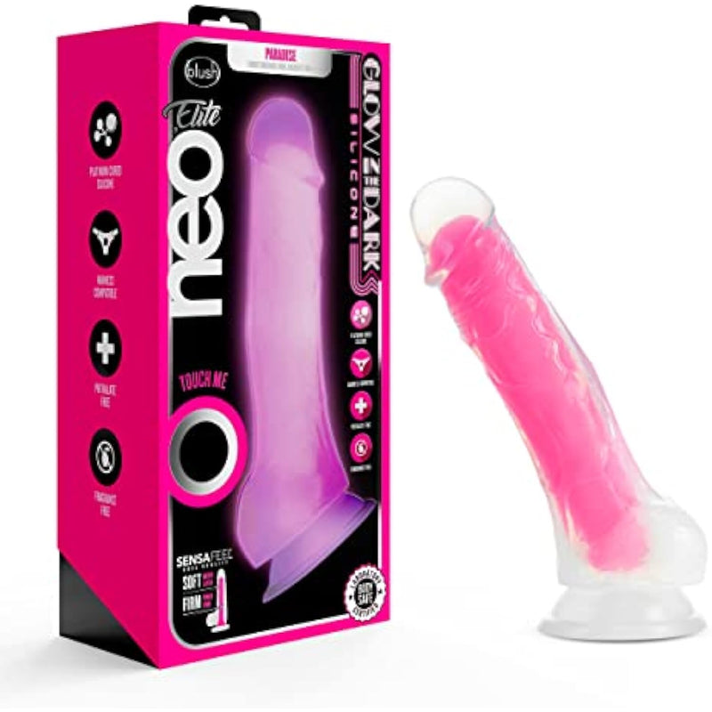 Neo Elite - 7.5Silicone Dildo With Balls - 1.5Thick Glow In The Dark Sensa Feel Dual Density - Strap On Compatible Sturdy Suction Cup For Hands Free Play - Body Safe Sex Toy