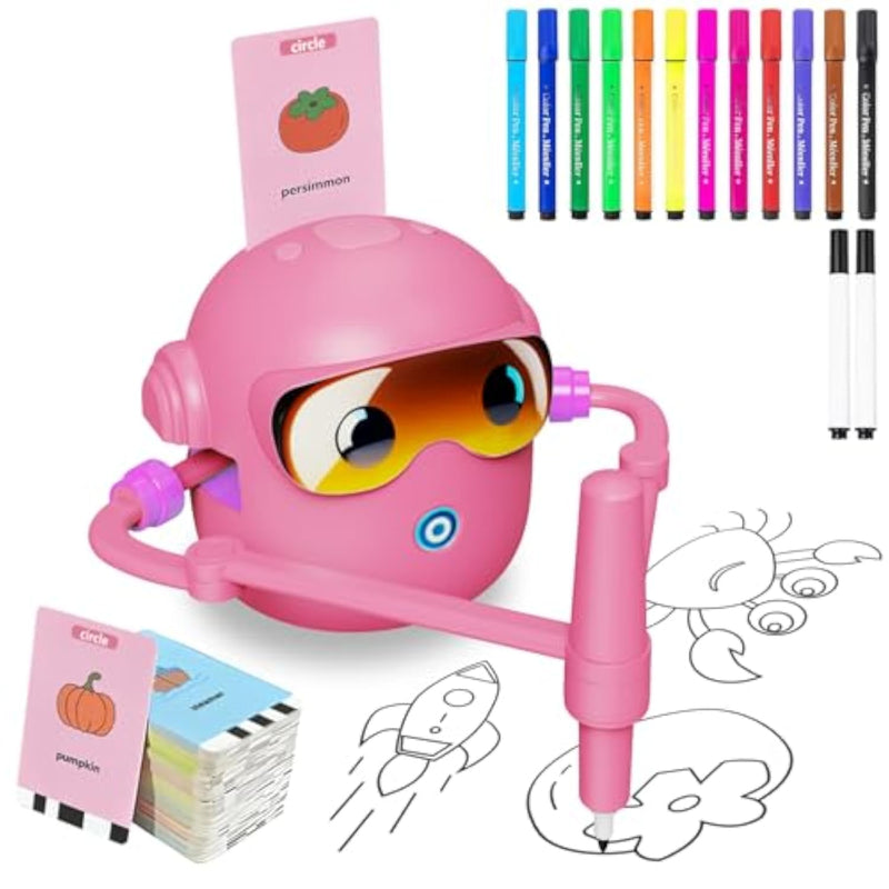 Kids Drawing Robot Kit with 100 Word Cards, 12 Color Pens & Voice Interactive Learning
