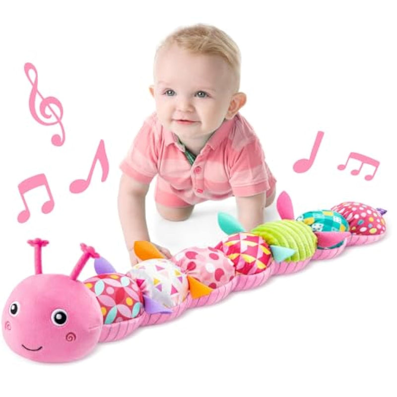 Baby Toys Musical Caterpillar,Infant Stuffed Animal Toy With Crinkle And Rattles,Soft Sensory Toys With Textures For Tummy Time Newborn Boys Girls 0 3 6 12 Months(Pink)