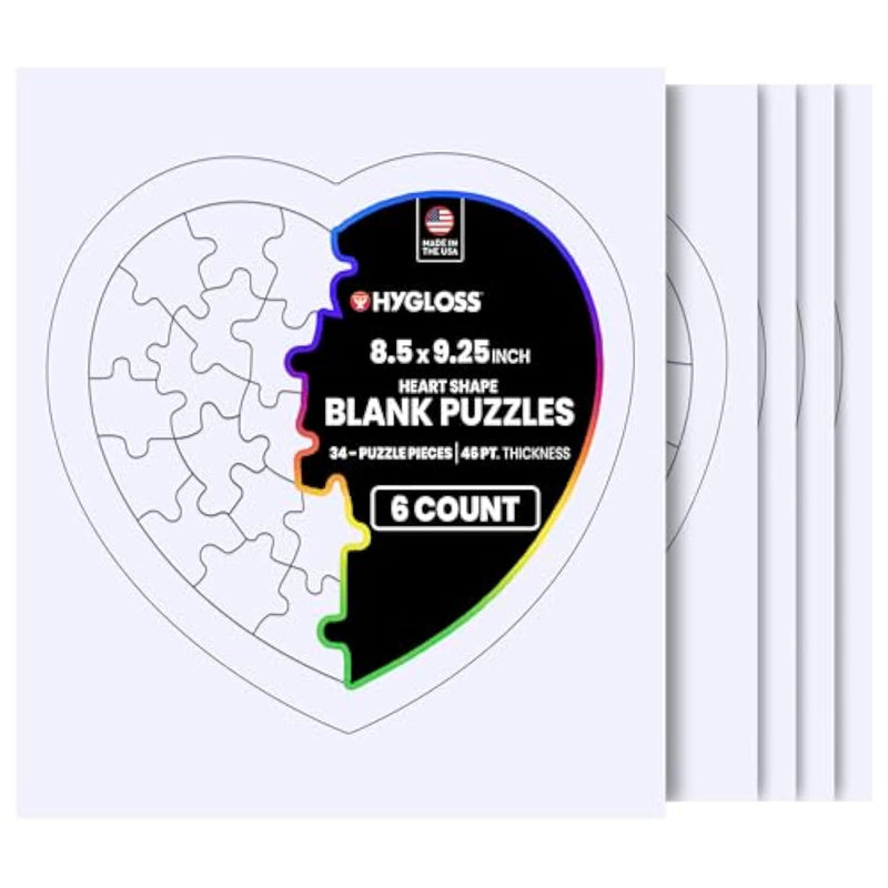 6 Blank Heart Puzzles with Frames, 34 Pieces Each, Valentine's Day Craft