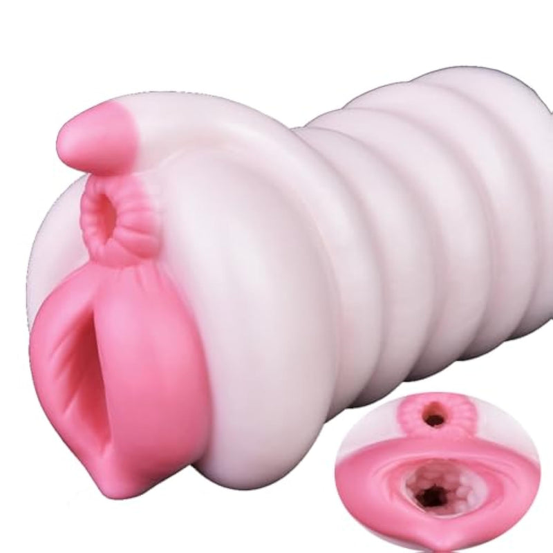 Soft Lifelike Fantasy Pink Unique Design 2 In 1 Male Masturbator Silicone Men Stroker Male Sex Toy Adult Sex Product For Men Couple Liquid Silicone Made Textured Tunnels Waterproof Flexible