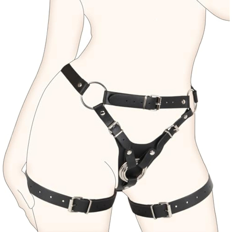 Sex Strap On Harness For Women Pegging Dildo, Adult Sex Toy With Detachable 3 Size Metal O-Rings Thigh Cuffs, Wearable Adjustable Bondage Gear For Couple Lesbian Gay Vaginal Anal Play (Black)