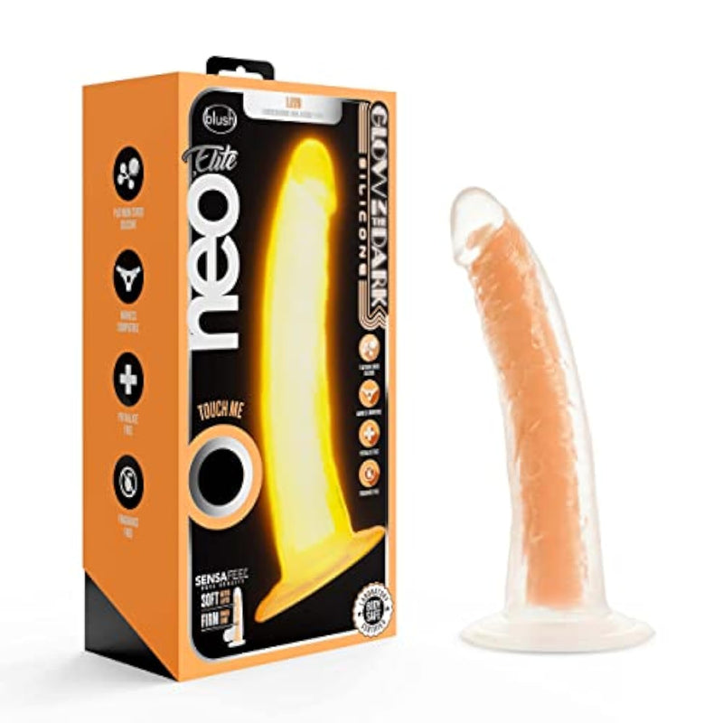Blush Neo Elite Lavo 7.5" Glow In The Dark Dildo - Sensa Feel Realistic Silicone Cock - Suction Cup, Strap-On Compatible - Anal & Vaginal Adult Sex Toy Penis For Women, Men & Couples - (Neon Orange)