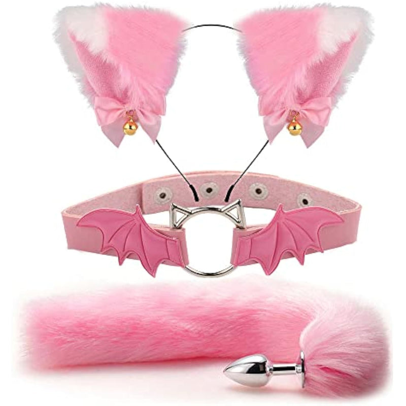 Fox Animal Costume Set Furry Ear Headband Fox Tail Bell Anal Plug-Animal Sexual Anus Bat Leather Choker
