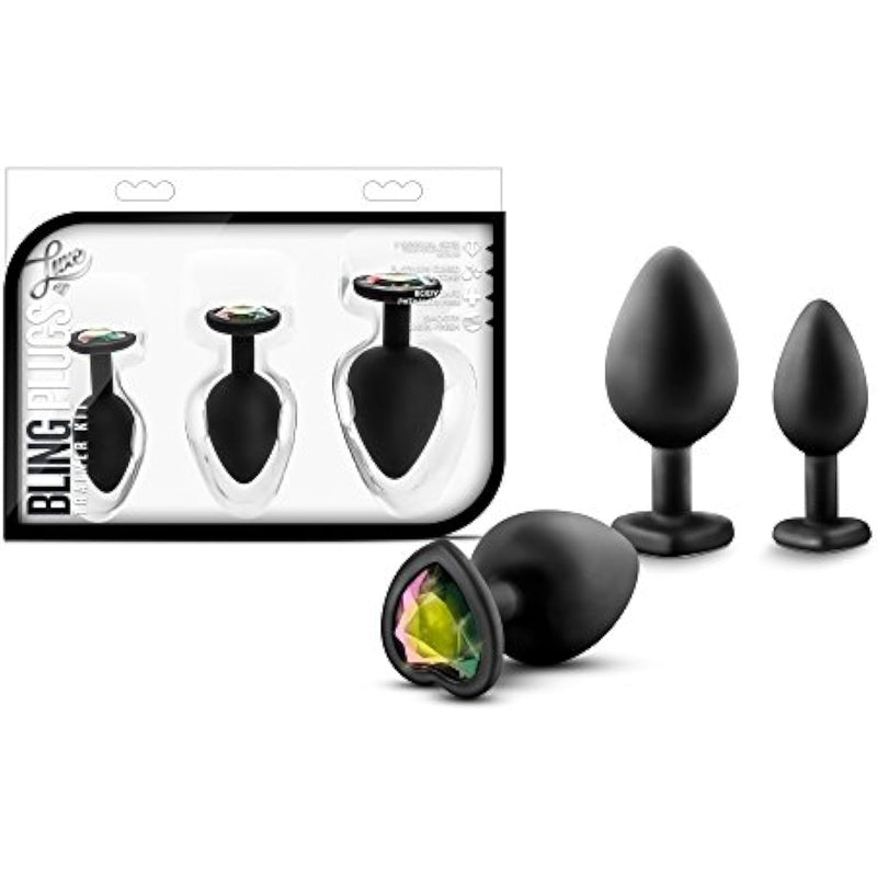 Luxe - Anal Bling Butt Plug Heart Shape Gem Sex Toy 3 Piece Training Kit Soft Satin Silicone - Black Rainbow Gem