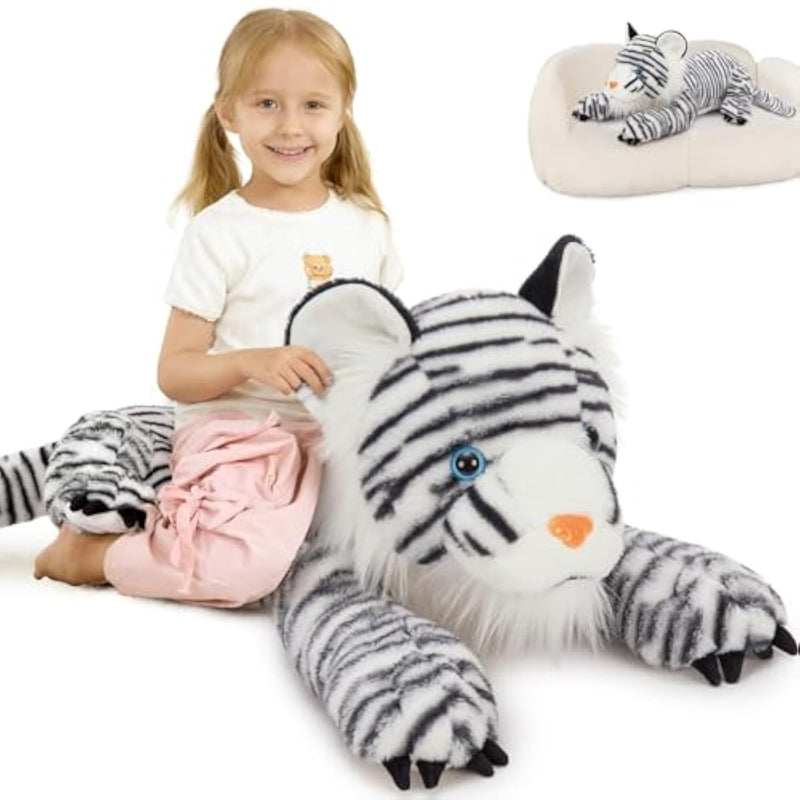 Giant White Tiger Stuffed Animal - 47” Realistic Tiger Plush Toy For Boy Girl Kid, Soft Fluffy Zoo Animal Toy Pillow For Christmas, Baby Shower Party Favor Birthday Gift