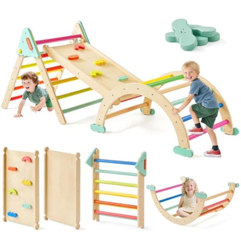 Pikler Triangle Set,7-In-1 Foldable Montessori Toddler Climbing Toys Indoor, Wooden Playground Jungle Gym For Kids, Climber Gift For Boys & Girls Toddler Climbing Toys (Rainbow)