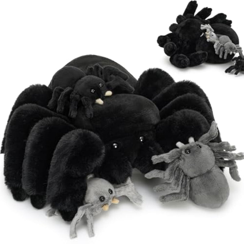 4Pcs Large Spider Plush, 16 Inch Mommy Spider Stuffed Animals With 3 Baby, Soft Cuddly Pillow Plush Gifts For Kids Boys Girls, Black