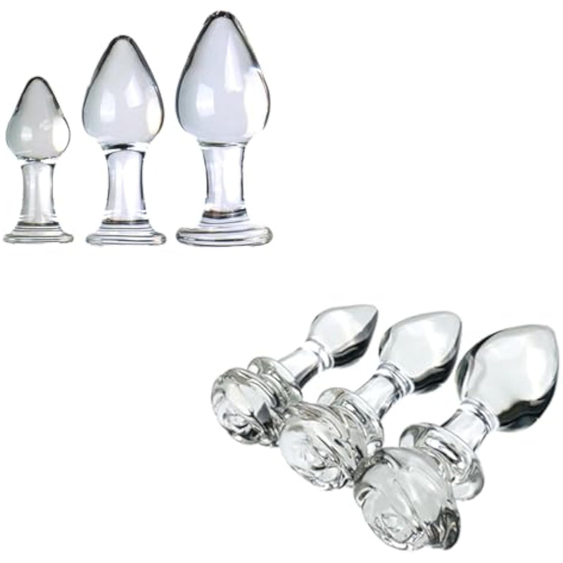 3Pcs Crystal Glass Anal Butt Plug Set + 3Pcs Clear Rose Glass Anal Plug For Men Women Couple