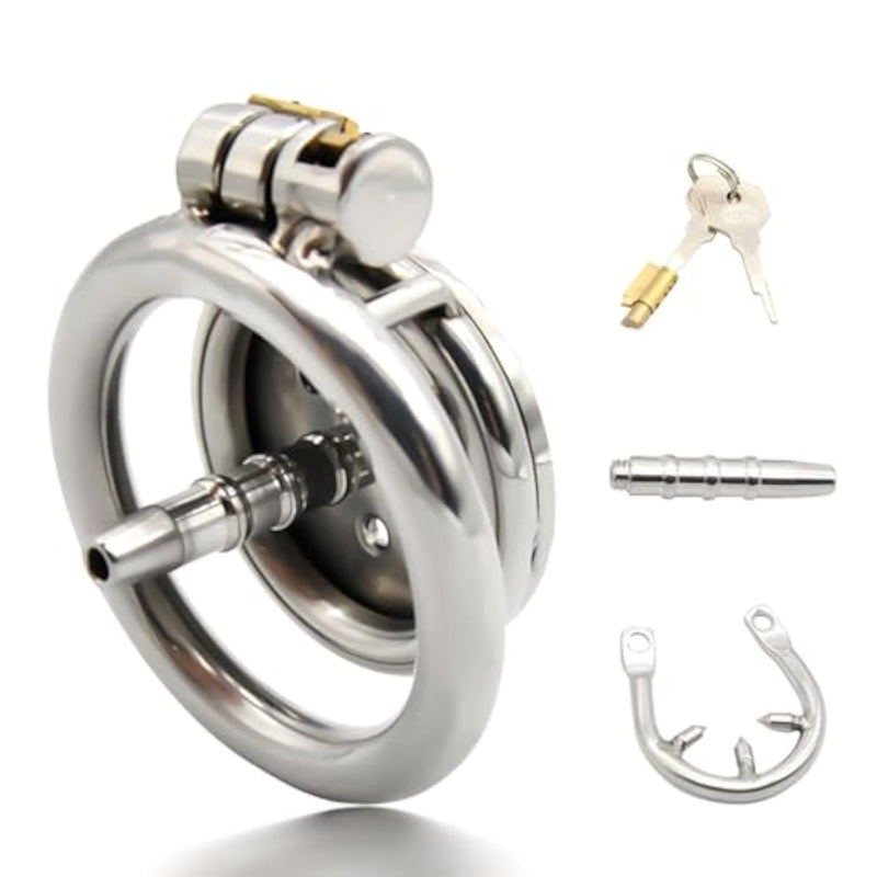 Inverted Chastity Cage Large Metal Male Chastity Cage With Metal Penis Plug Spiked Chastity Device Penis Cage Anti-Off Ring Flat Chastity Urethral Catheter For Male Adult Sex Toys(L-45Mm Ring)