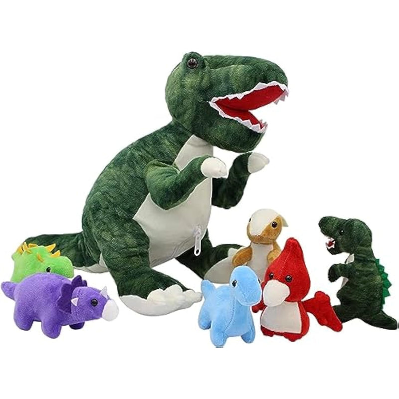 Store Handcrafted Plush Big Green T-Rex Stuffed Dinosaur With 6 Baby Dinosaurs Inside For Kids And Dinosaur Lovers - 19.6 Inches