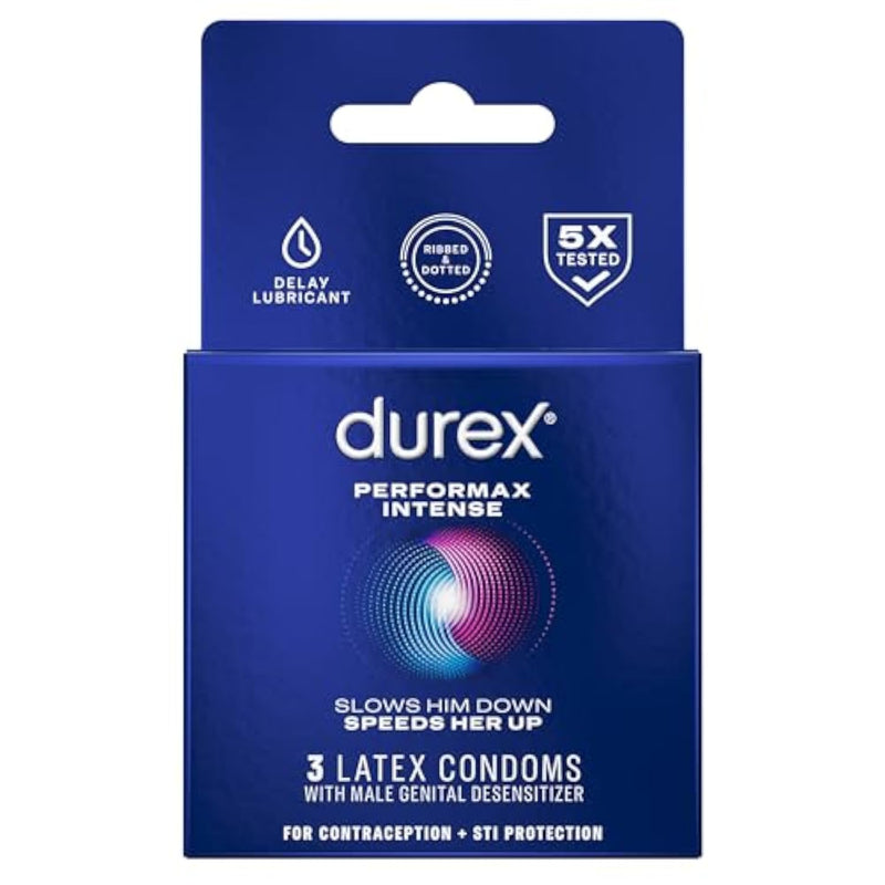 Durex Performax Intense Condoms, Ultra Fine, Ribbed, Dotted with Delay Lubricant Natural Rubber Latex Condoms for Men, 3 Count