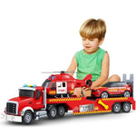Toddler Boy Toys For 3 4 5 6 7 Years Old Kids, 21" Semi Fire Truck Toy With Racing Car And Helicopter, Friction Powered Toys With Lights And Sounds, Birthday For Boy Girls