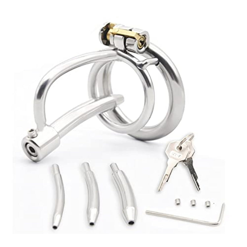 Penis Cage Male Chastity Device Lock With 3 Catheters Stainless Steel Chastity Cage Hollow Breathable Rings Men Sissy Bondage Set (45Mm)