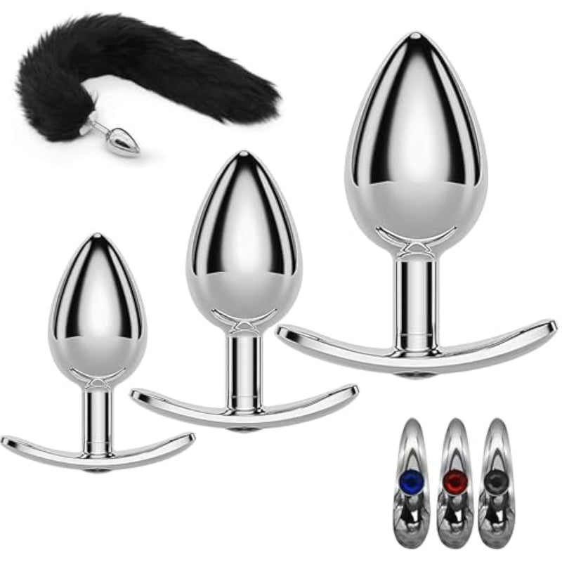 Anal Plug With Fox Tail For Cosplay Jewelry Anal Trainer Kit For Adult 3Pcs Replaceable Stainless Steel Anal Plugs For Beginners Couple Women Men (Black)