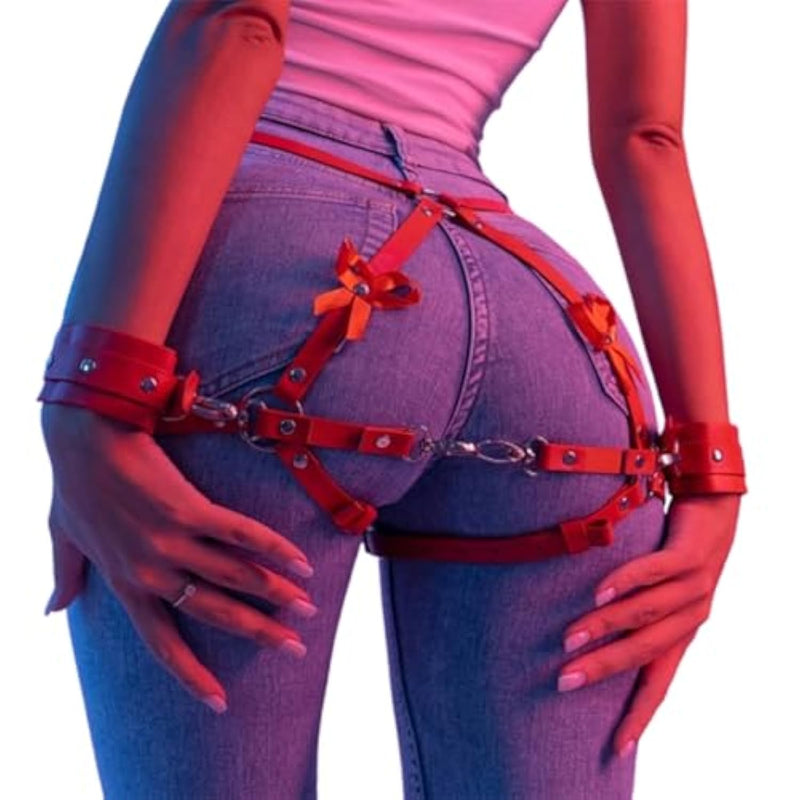 Harness With Cuffs – Body Bondage Belt For Women,Bondage Restraints Bdsm Kit With Bows Handcuffs Sex Toys?Bondage Harness? Bondage Gear & Accessories (Red)