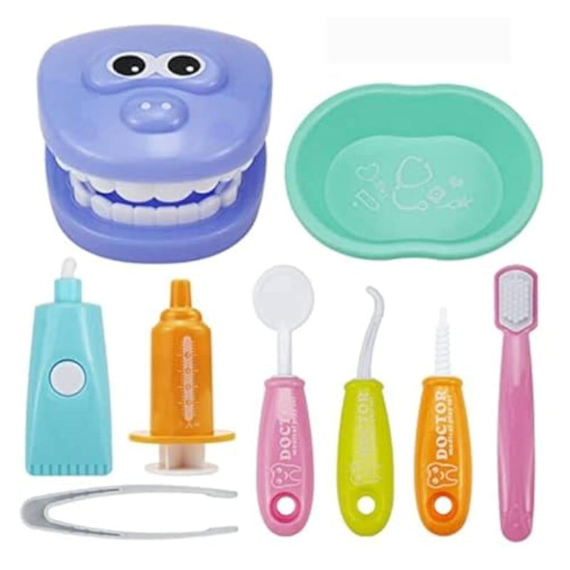 9Pcs Plastic Simulation Dentist Play Set Medical Kit Pretend Toy For Kids Hygienic Habbit Cultivation Role Play Game For Children 6 Colors Simple Opp Bag Packaging (Mixed Color)