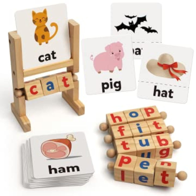 Wooden Reading Blocks Short Vowel Rods Spelling Games, Flash Cards Turning Rotating Letter Puzzle For Kids, Site Words Montessori Spinning Alphabet Learning Toy For Preschool Boys Girls