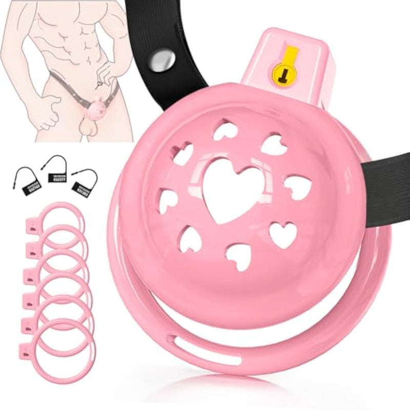 Lovely Pink Male Chastity Cage, Lightweight Chastity Devices With Soft Silicone Head 6 Cock Rings, Penis Bondage Gear Cock Cage Adult Toys With Invisible Lock, Male Chastity Belt Bdsm Sex Toys For Men