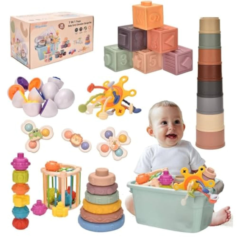 Montessoriii Toys For 1 Year Old,Baby Toys 6-12 Months,Stacking Building Blocks & Soft Infant Teething & Matching Eggs For Toddlers 6-9-12 Months,Baby Boys&Girls Gifts(7 In 1)