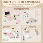 Wooden Dollhouse Furniture Set, Dollhouse Accessories And Furniture, With 7 Rooms 3 Dolls, Includes Patio Set & Dog Set, Doll House Furniture Toys Gift For Kids Boys Girls
