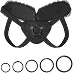 Adjustable Strap On Harness, Plus Size Strapon Harness For Women, Strapless And Wearable Dildo Harness, With 5 Different Sized O-Rings, Elegant Lace Ruffle Back Panel, Maximum Waist 52"