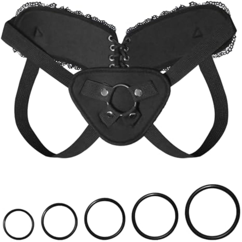 Adjustable Strap On Harness, Plus Size Strapon Harness For Women, Strapless And Wearable Dildo Harness, With 5 Different Sized O-Rings, Elegant Lace Ruffle Back Panel, Maximum Waist 52"