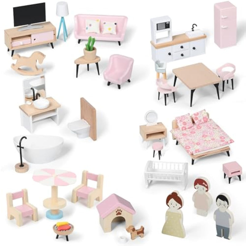 Wooden Dollhouse Furniture Set, Dollhouse Accessories And Furniture, With 7 Rooms 3 Dolls, Includes Patio Set & Dog Set, Doll House Furniture Toys Gift For Kids Boys Girls