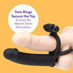 Double Fun Vibrating Double Penetration Strap On Dildo - 5.5 Inch Silicone Strap On Dildo For Men - 2 Bullet Vibrators & Cock And Ball Rings - Waterproof - Black