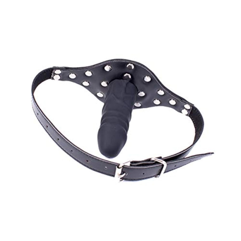 Dildo Mouth Gag Fetish Bondage Silicone Penis Restraint Leather Strap-On Muzzles Bdsm Adult Sex Toys (Penis Plug Length:3.9 Inch, Silver Metal2)