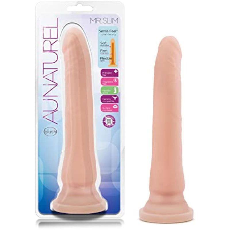 Au Naturel - Mr. Slim 9 1/4 Inch Sensa Feel Flexi Shaft Dual Density Easy To Clean Long Dildo- Flexible Suction Cup Harness Compatible - Sex Toys For Men Women Adults - Natural