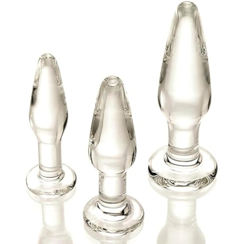 Adam And Eve Glass Anal Plug Set Of 3, Hypoallergenic Non Porous Butt Plugs, Smooth Tempered Borosilicate Glass For Backdoor Training And Temperature Play, Small Medium Large Sizes For Women And Men