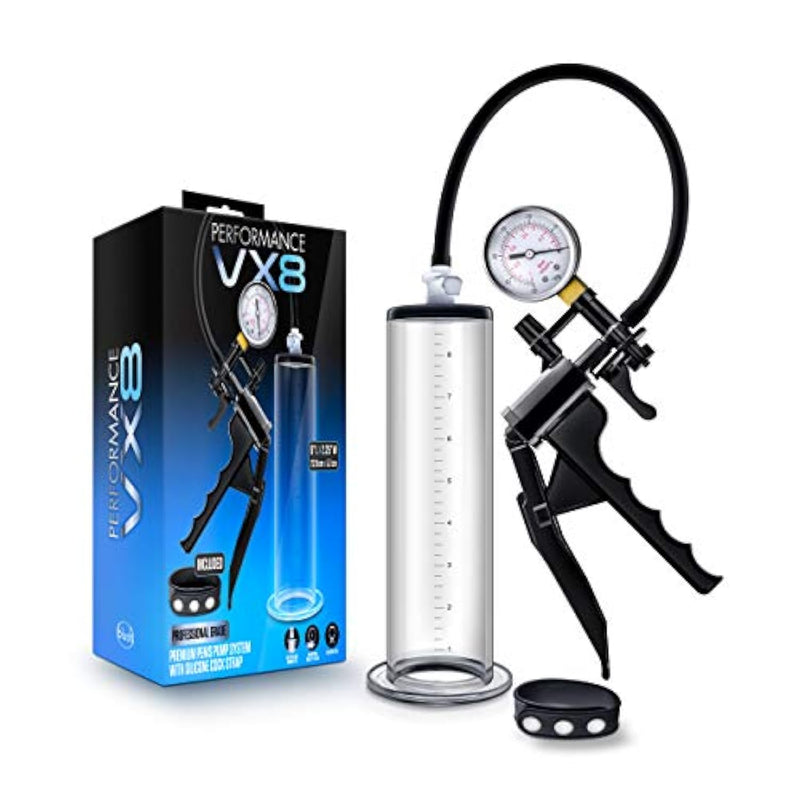 Blush Sex Toys- Male Performance Enhancement Vx8 Penis Pump 9.5" Cylinder, Silicone Strap, Gauge & Trigger Handle - Quick-Release Valve - Nterchange Compatible Pro-Grade Cock Size Extender Men Sex Toy