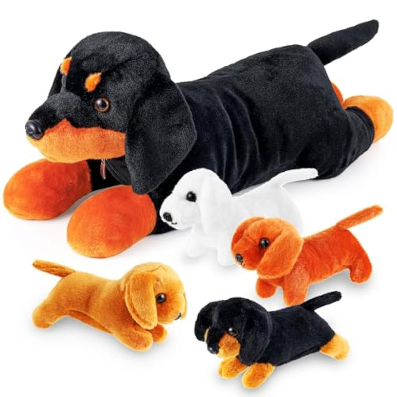 5 Pcs Dachshund Dog Plush Mommy Stuffed Animal With Baby Plush Sausage Dog Soft For Christmas Girls Birthday Xmas Bedtime Gift Chair Bolster Nursery Decor(Lying Dachshund)