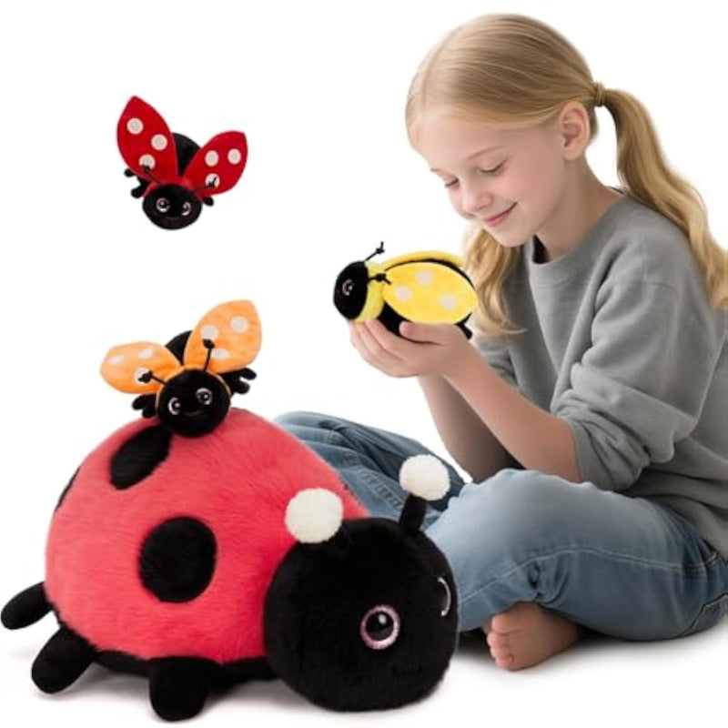 4Pcs Ladybug Stuffed Animal,Kawai Mother Ladybird Plush Toys Pillow With 3 Small Baby Lady Beetle Plushie Gift For Insect Lover,Decorations,Party Favor,Baby Shower,Glow-In-Dark Design